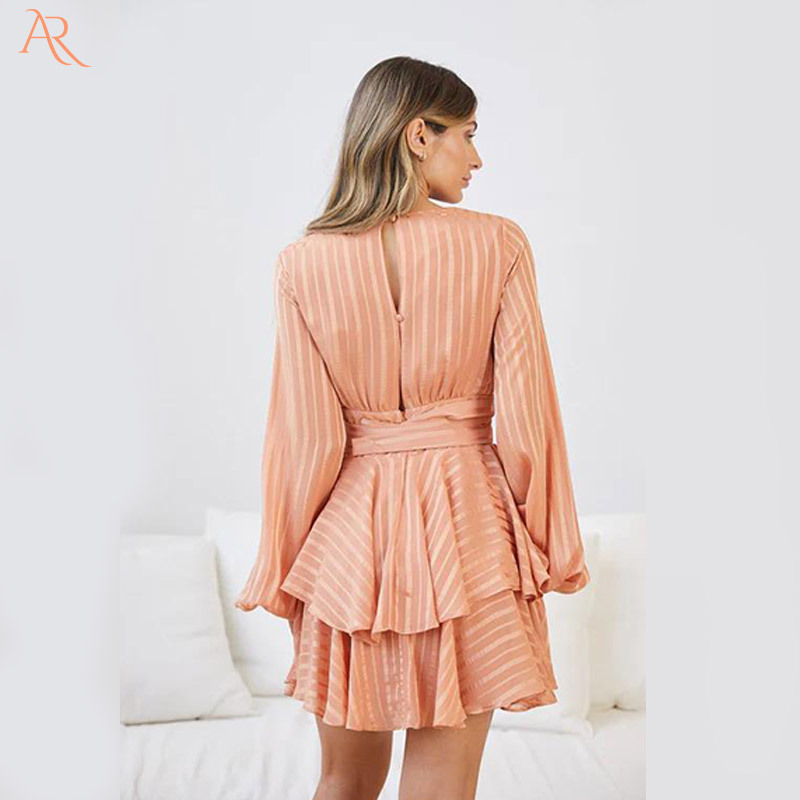 Layered Skirt Plunging Neck Long Sleeve Women Casual Dress with Belt