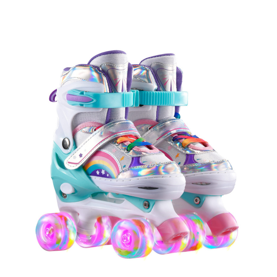 Aisamstar Wholesale Kids Flashing Roller Skates Sepatu Roda Anak Adjustable Four Wheels Two-Row Roller Skate For Beginner