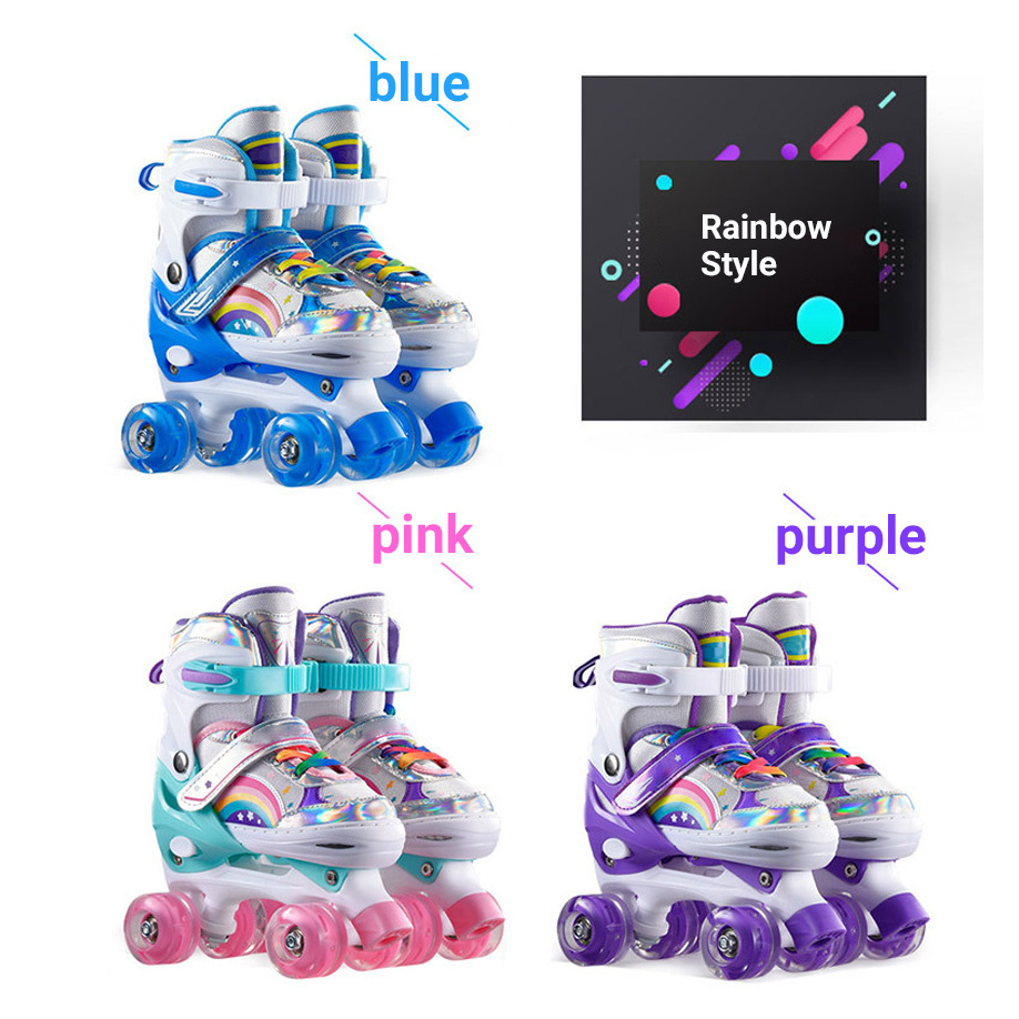 Aisamstar Adjustable Size Double Row Skates Kids Boy Girl Pu Flashing 4 Wheels Roller Skates Children Roller Skating