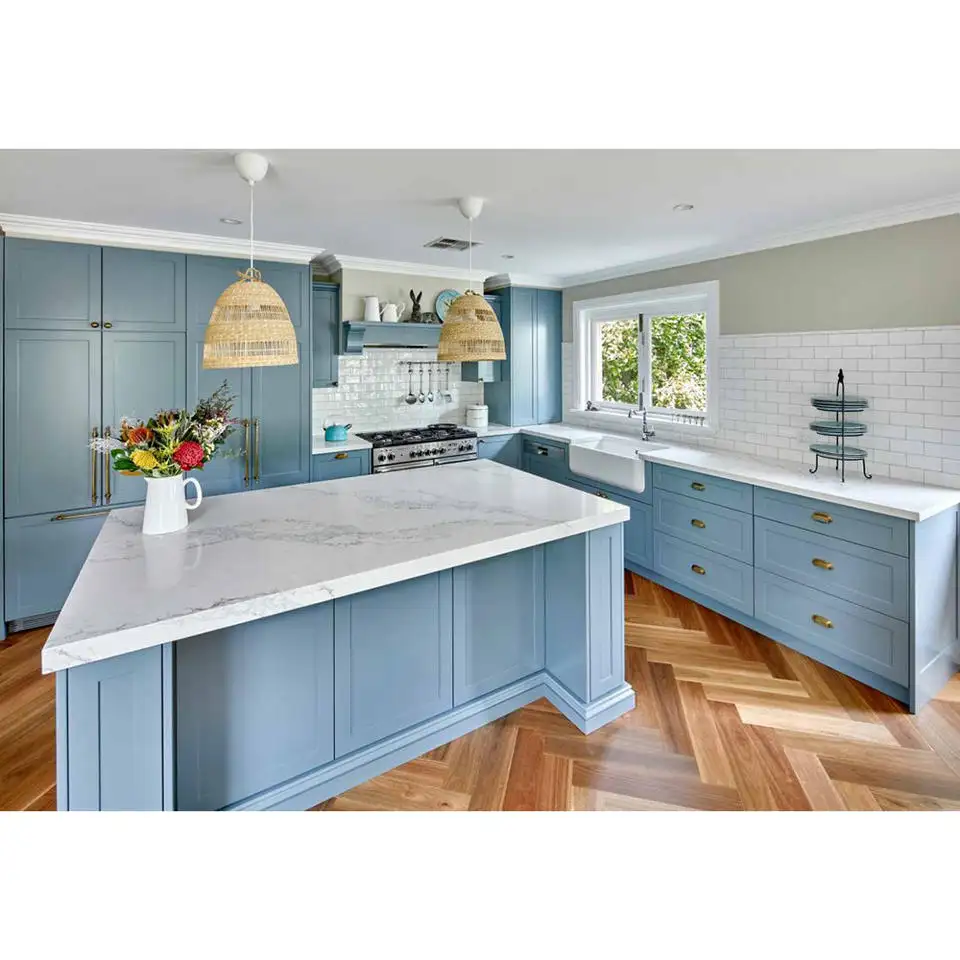 Modern popular light blue painted solid wood shaker style kitchen cabinets