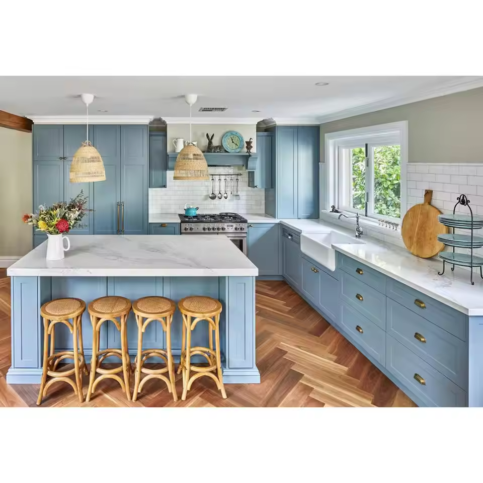 Modern popular light blue painted solid wood shaker style kitchen cabinets