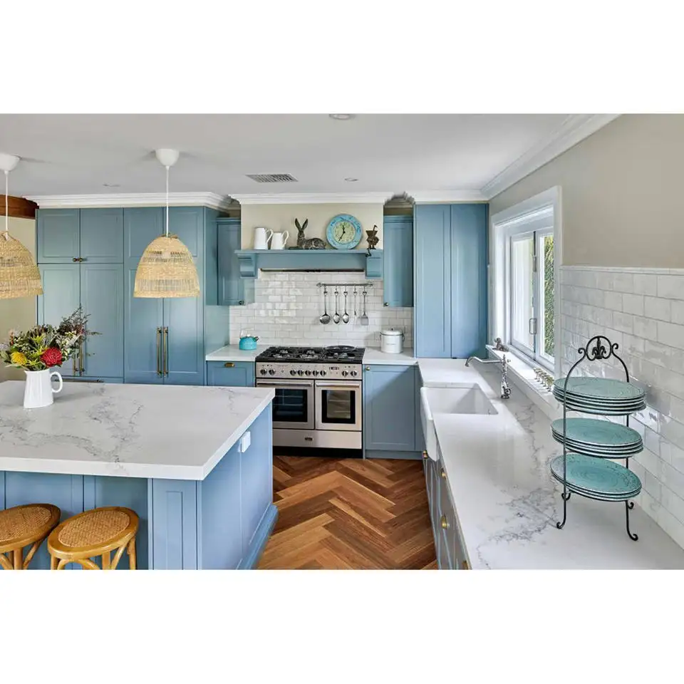 Modern popular light blue painted solid wood shaker style kitchen cabinets