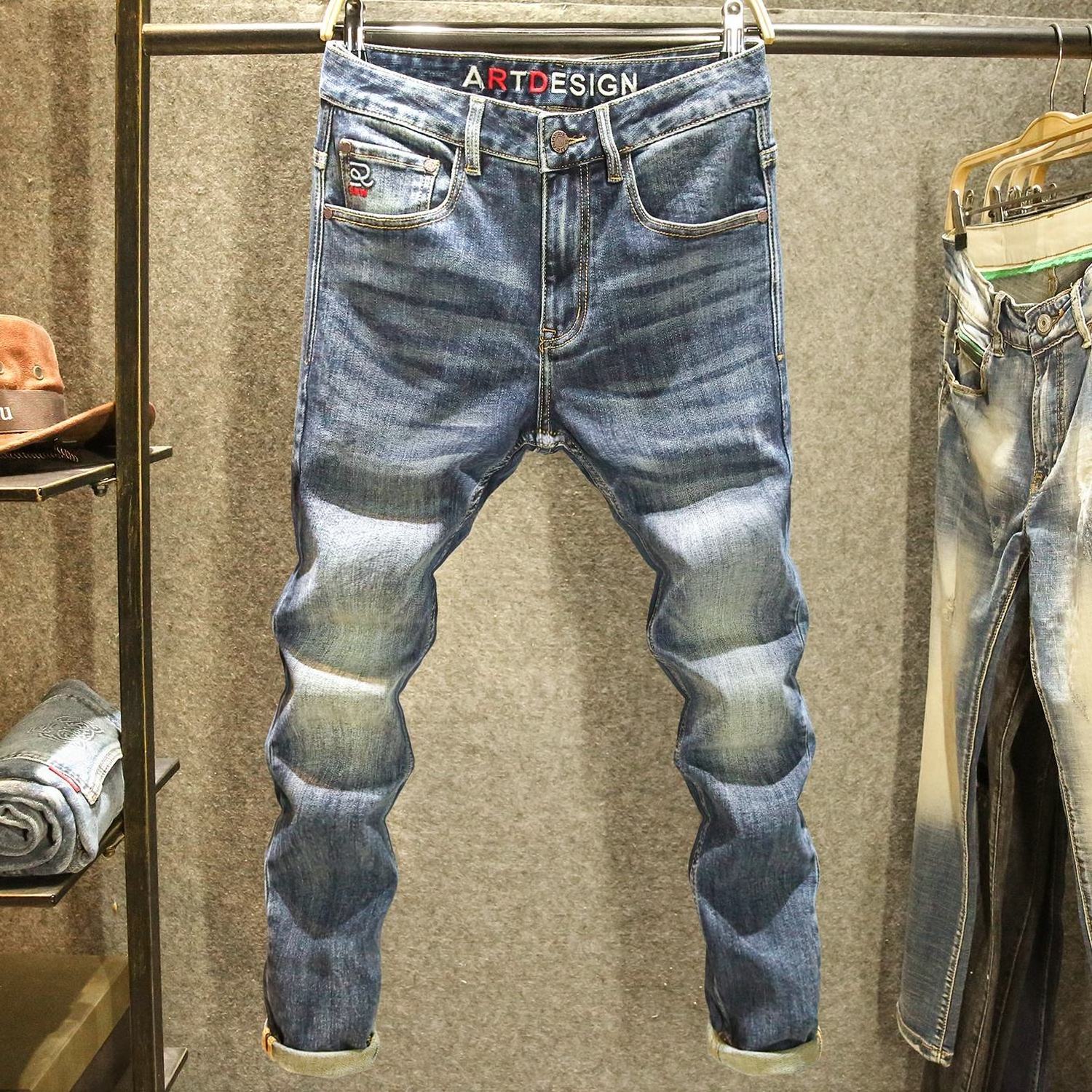 new pattern Self cultivation Embroidered force Splicing elastic jeans mens denim jeans pants