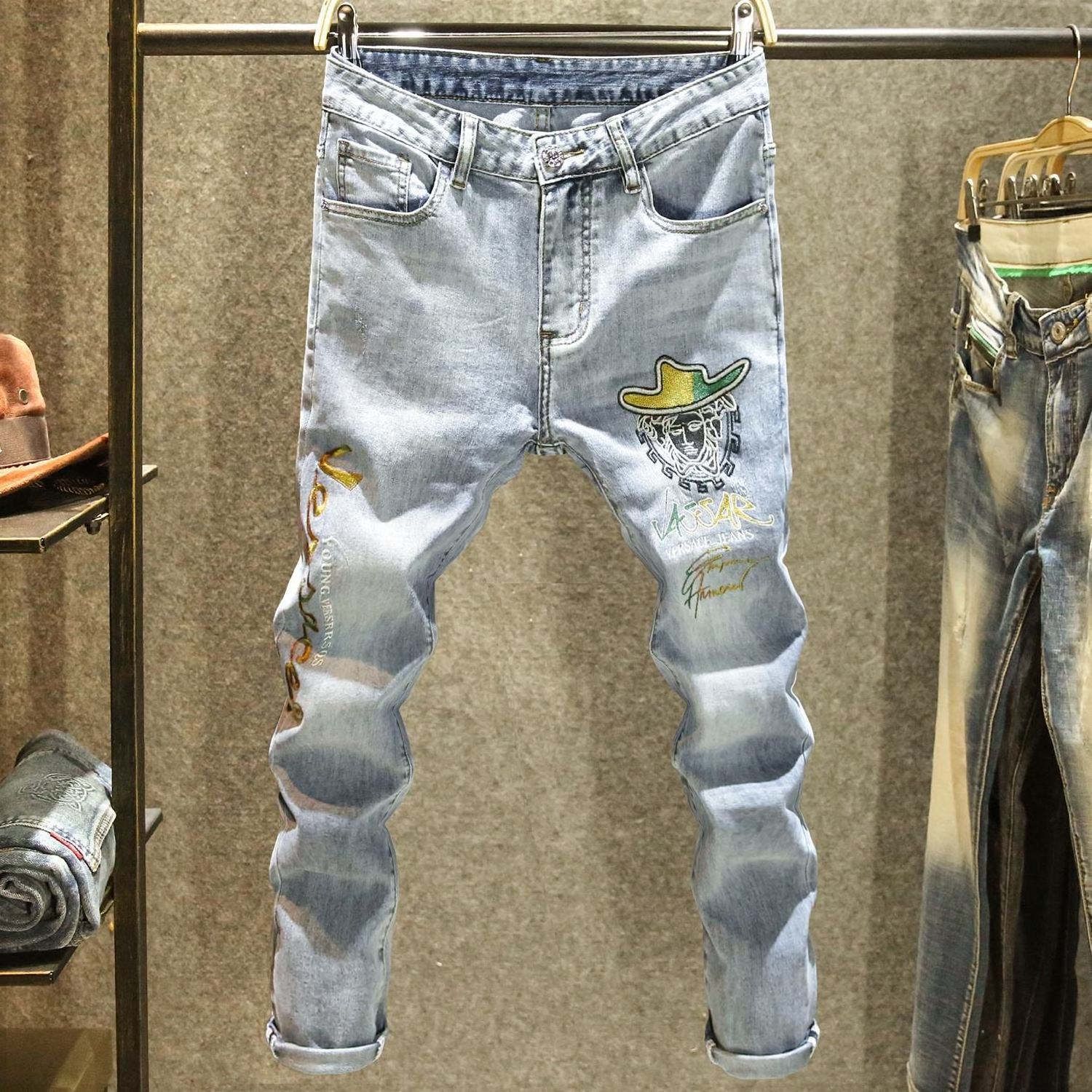 new pattern Self cultivation Embroidered force Splicing elastic jeans mens denim jeans pants