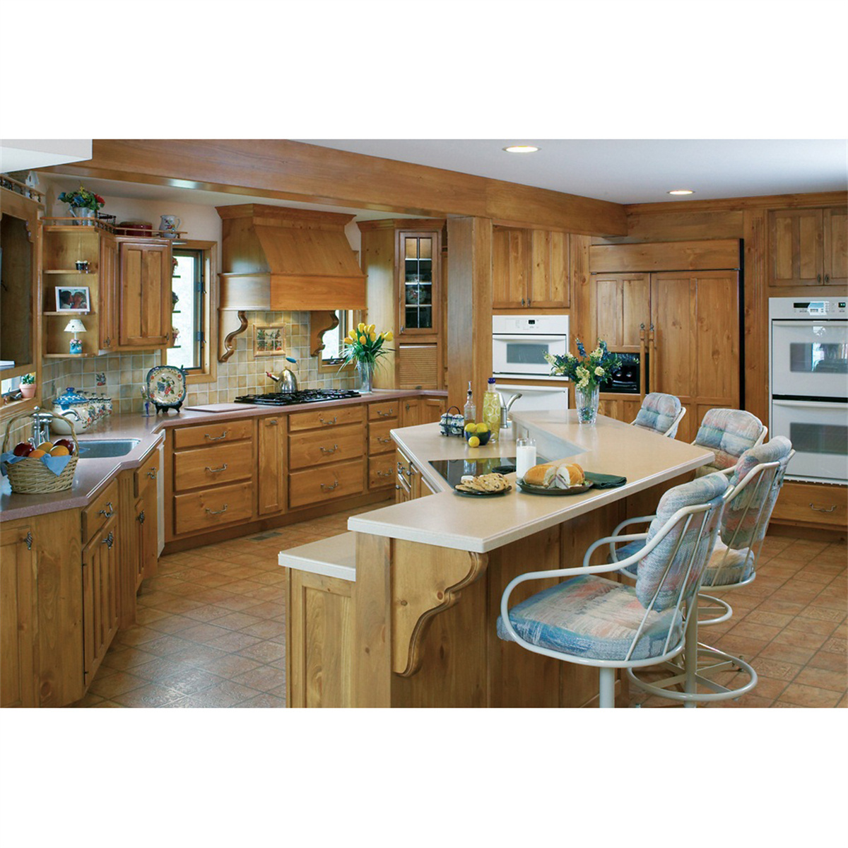 Modern Solid wooden classic design villa mobile home kitchen cabinets with a sink island