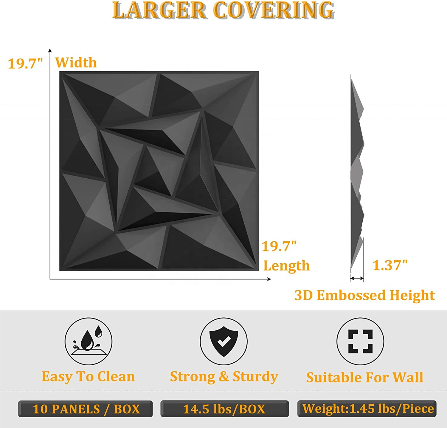 Black 3D Wall Panel PVC Material Diamond Texture Waterproof Fireproof Lightweight 19.7 x 19.7 Inch Art Wall Panel Ceramic Tile