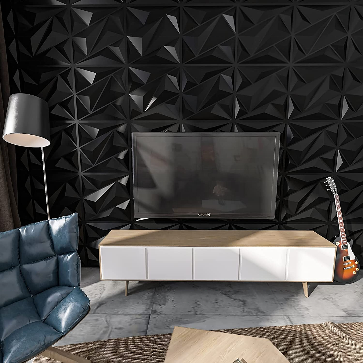 Black 3D Wall Panel PVC Material Diamond Texture Waterproof Fireproof Lightweight 19.7 x 19.7 Inch Art Wall Panel Ceramic Tile