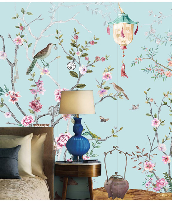 Silk embroidered flower and bird interior decoration wallpaper