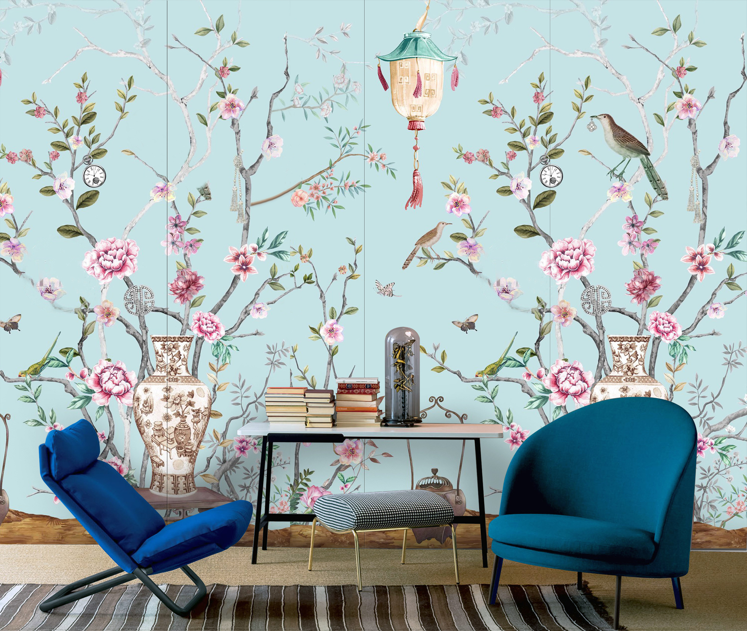 Silk embroidered flower and bird interior decoration wallpaper