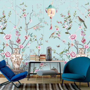 Silk embroidered flower and bird interior decoration wallpaper