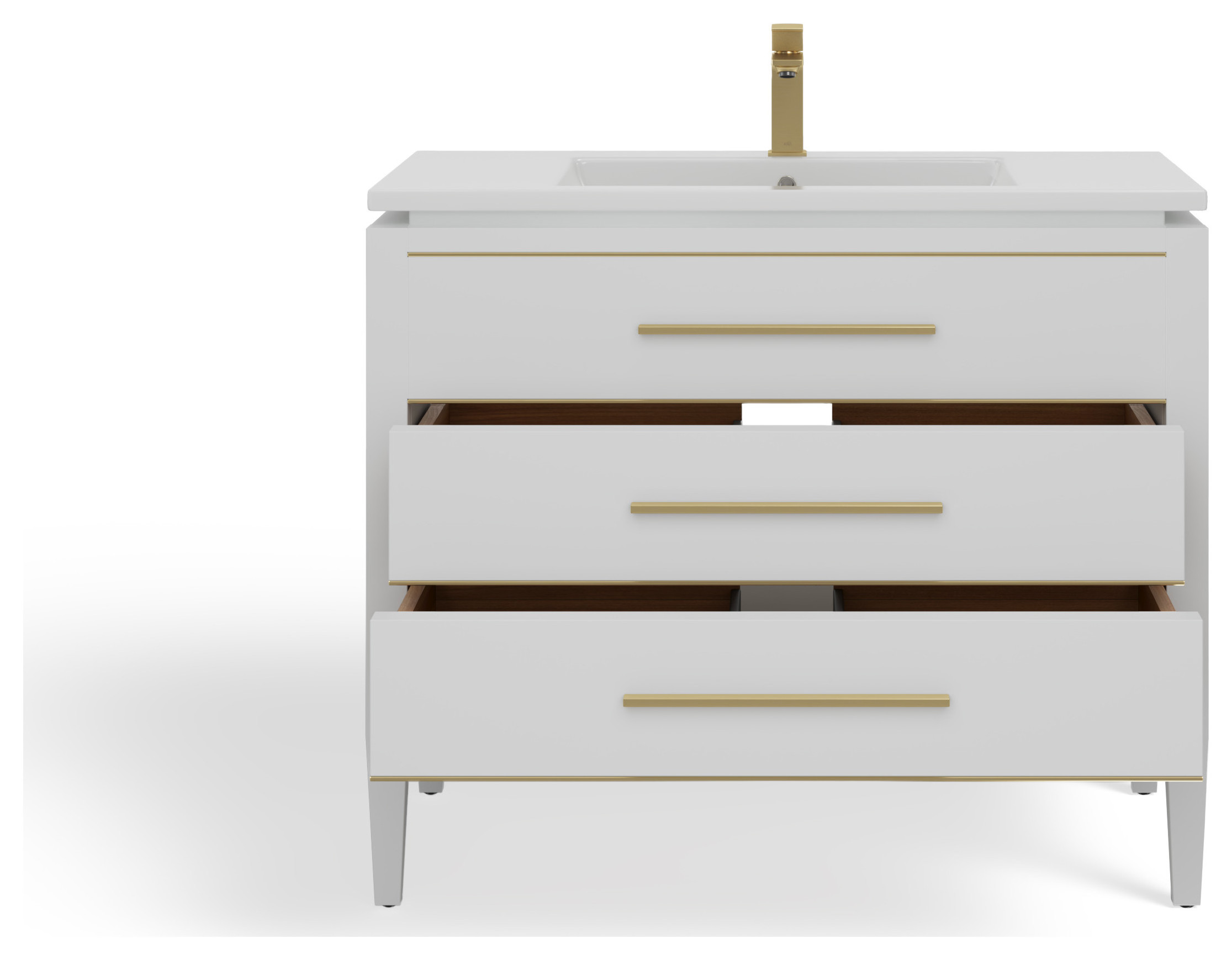 Freestanding White Single Sink Bathroom Vanity  With Brass Trim