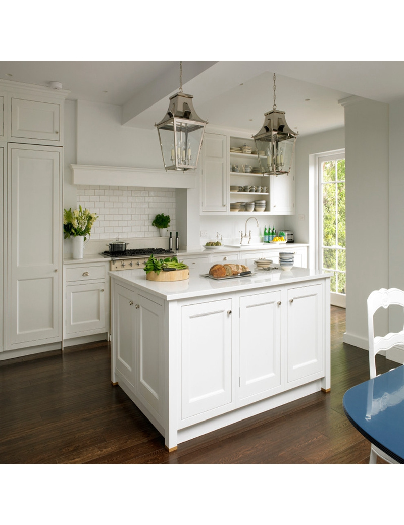 British style hot sale White Kitchen Furniture shaker Kitchen Cabinets with island table