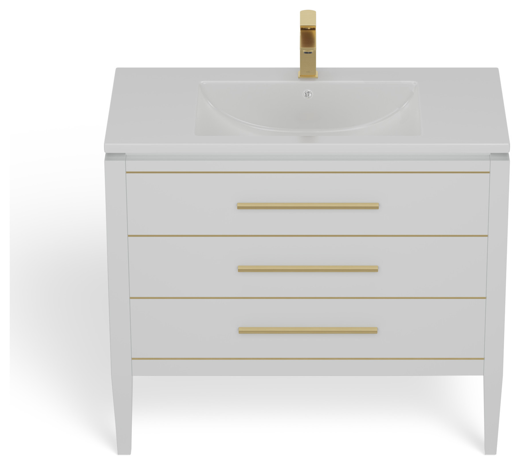 Freestanding White Single Sink Bathroom Vanity  With Brass Trim