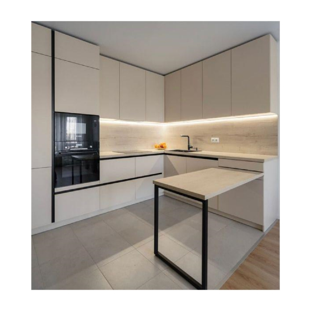 cream white modern simple design stretch island custom kitchen cabinets with sink LED lights