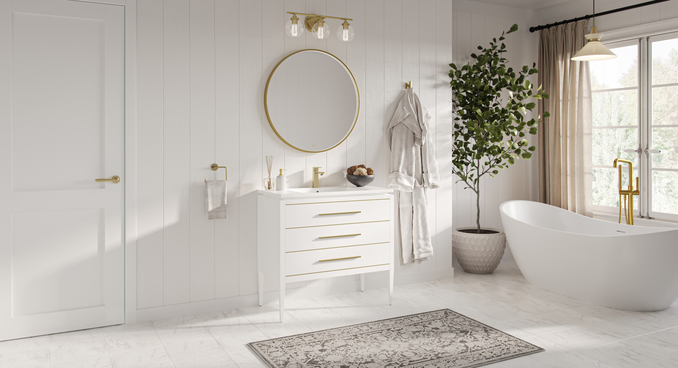 Freestanding White Single Sink Bathroom Vanity  With Brass Trim