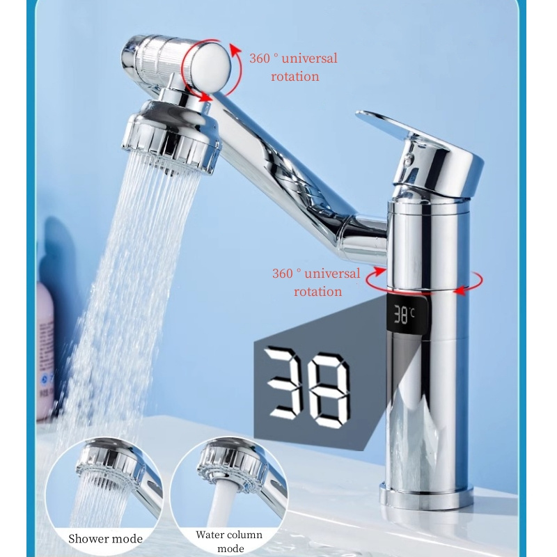 Universal rotating robot arm basin faucet thermostatic with LED temperature display mixer sink water tap