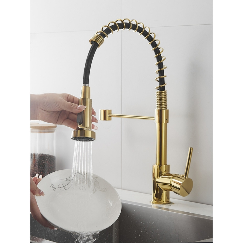 Mechanical spring kitchen faucets golden hot and cold water spring mixer tap pull out bridge kitchen faucet