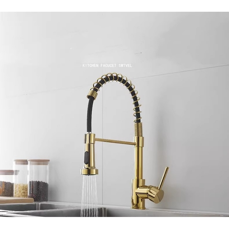 Mechanical spring kitchen faucets golden hot and cold water spring mixer tap pull out bridge kitchen faucet