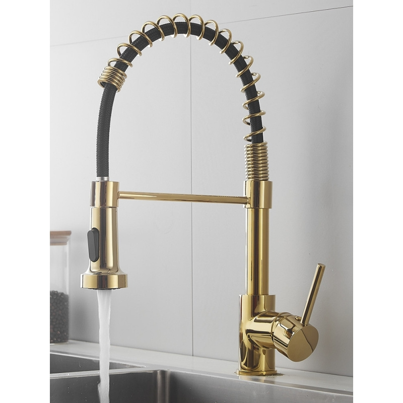 Mechanical spring kitchen faucets golden hot and cold water spring mixer tap pull out bridge kitchen faucet