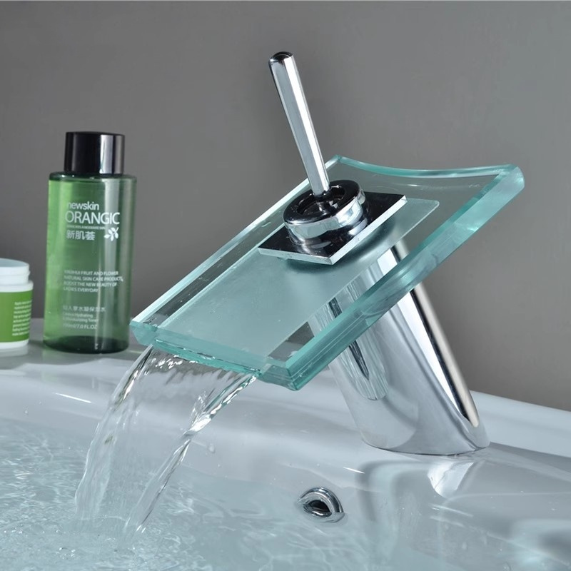 Transparent Glass Waterfall Stainless steel Faucet  Hot and Cold Mixed Water Basin Faucet