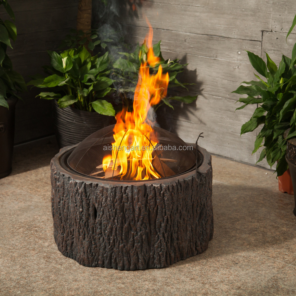 24inch Outdoor Faux Tree Stump Fire Pit Bowl With Spark Guard, Grate And Poker