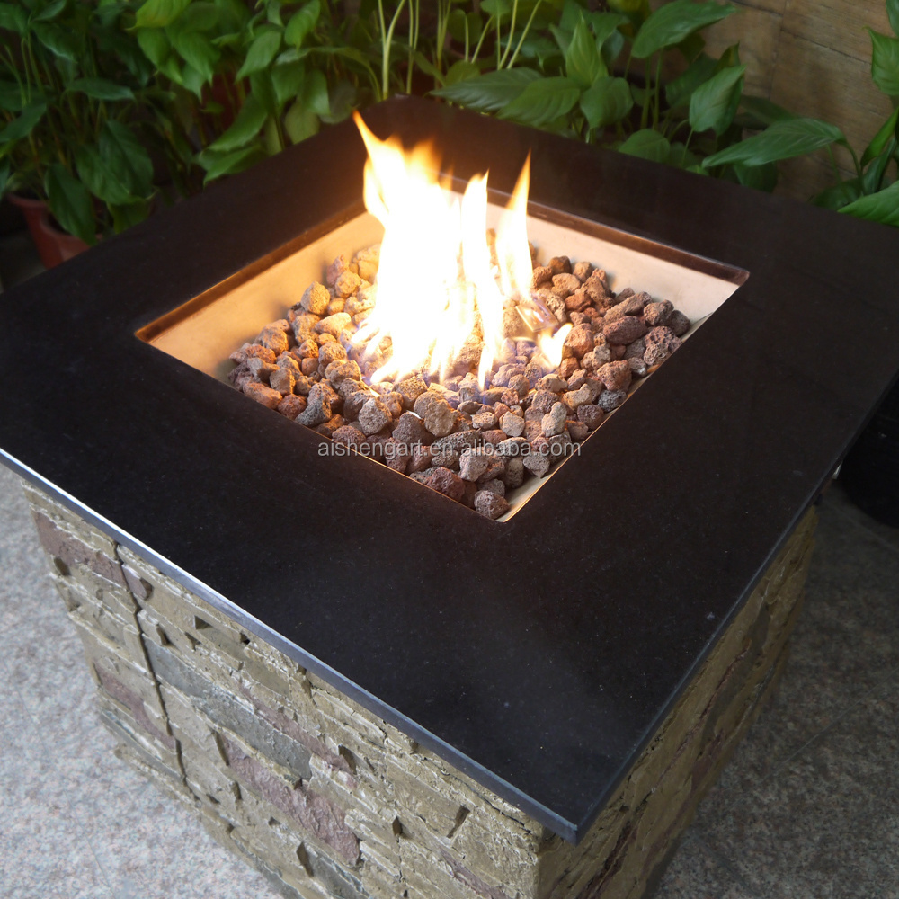 Crawford Outdoor Square Liquid Propane Fire Pit with marble top and Lava Rocks