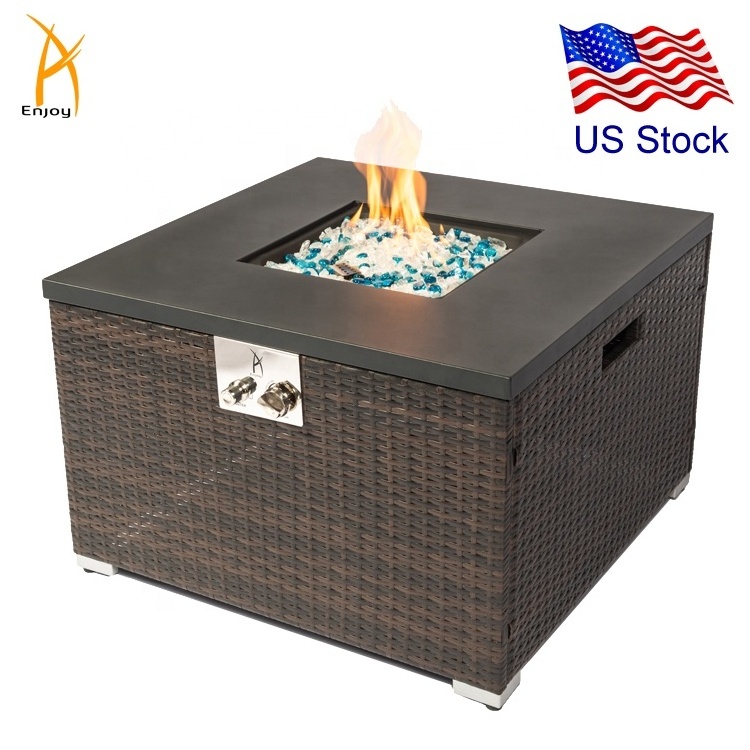 Wicker Gas Fire Pit Table Propane Fire Table Square Dark Brown US Stocked