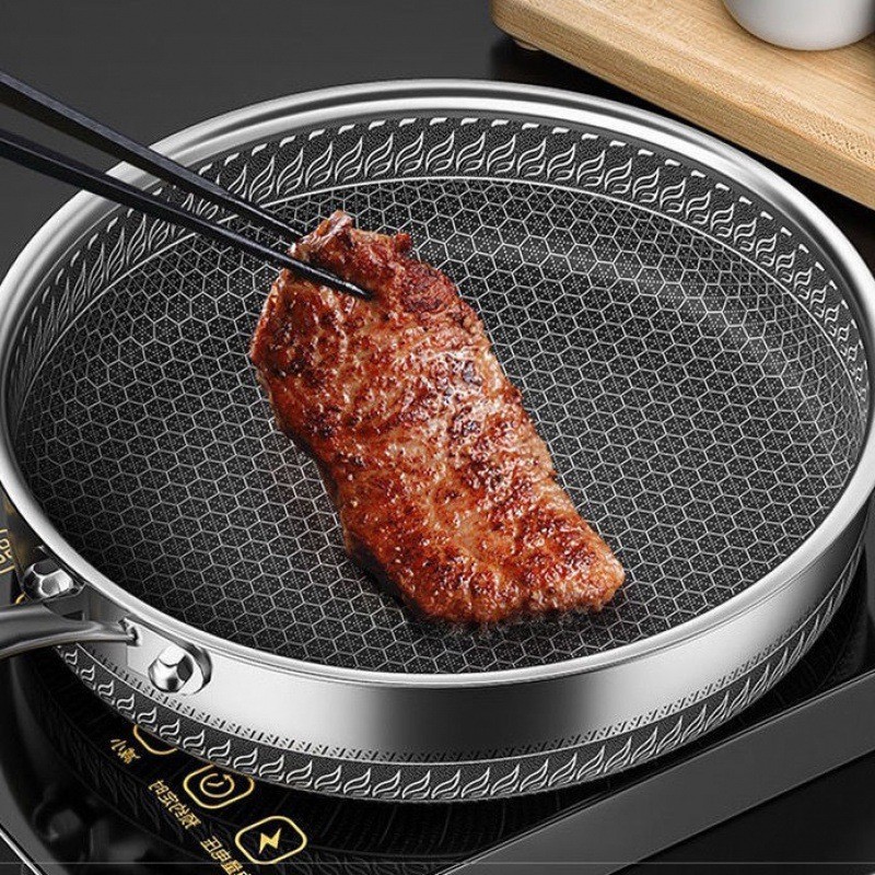 Hot Sale Egg Fish Steak Cooking Pan Food Grade Stainless Steel Honeycomb Non Stick Frying Pan With Glass Lid