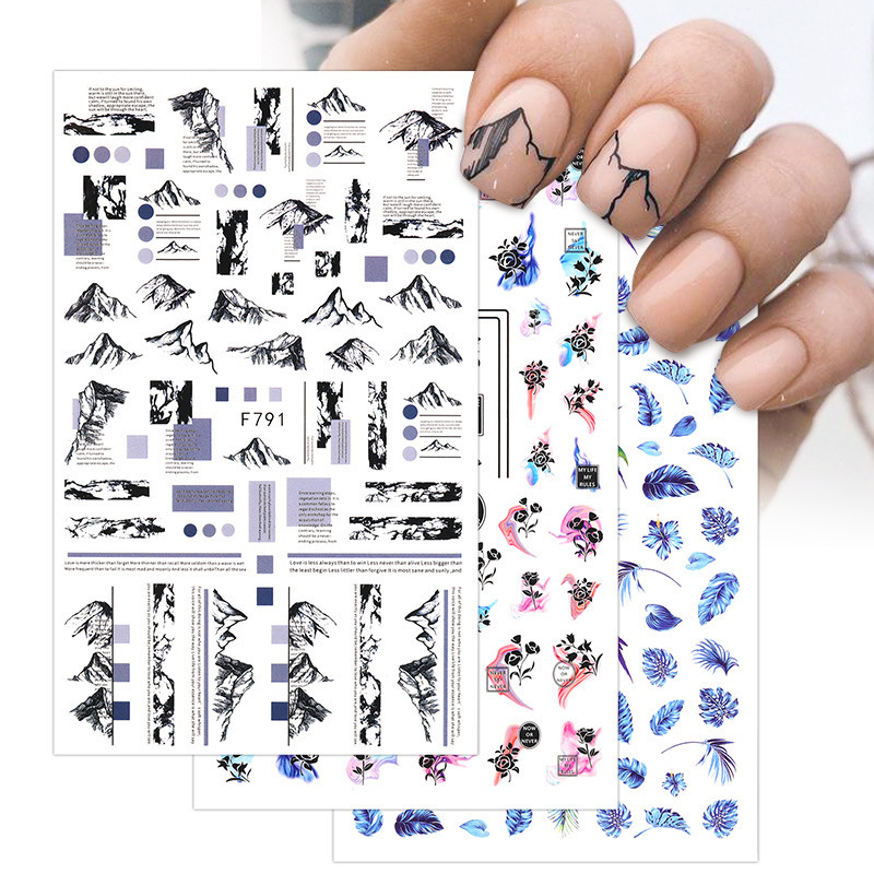 3D Self Adhesive Nail Stickers Mountain Peak Design Transfer Sliders Fall Leaf Flowers Line Waves Nail Decals DIY Decorations