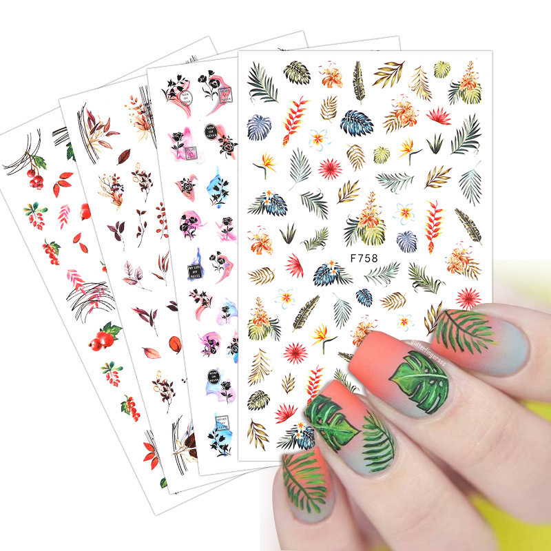 3D Self Adhesive Nail Stickers Mountain Peak Design Transfer Sliders Fall Leaf Flowers Line Waves Nail Decals DIY Decorations