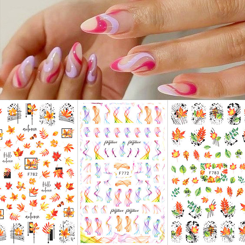 3D Self Adhesive Nail Stickers Mountain Peak Design Transfer Sliders Fall Leaf Flowers Line Waves Nail Decals DIY Decorations