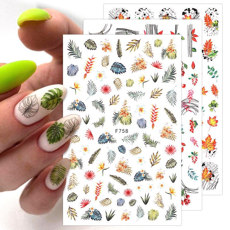 3D Self Adhesive Nail Stickers Mountain Peak Design Transfer Sliders Fall Leaf Flowers Line Waves Nail Decals DIY Decorations