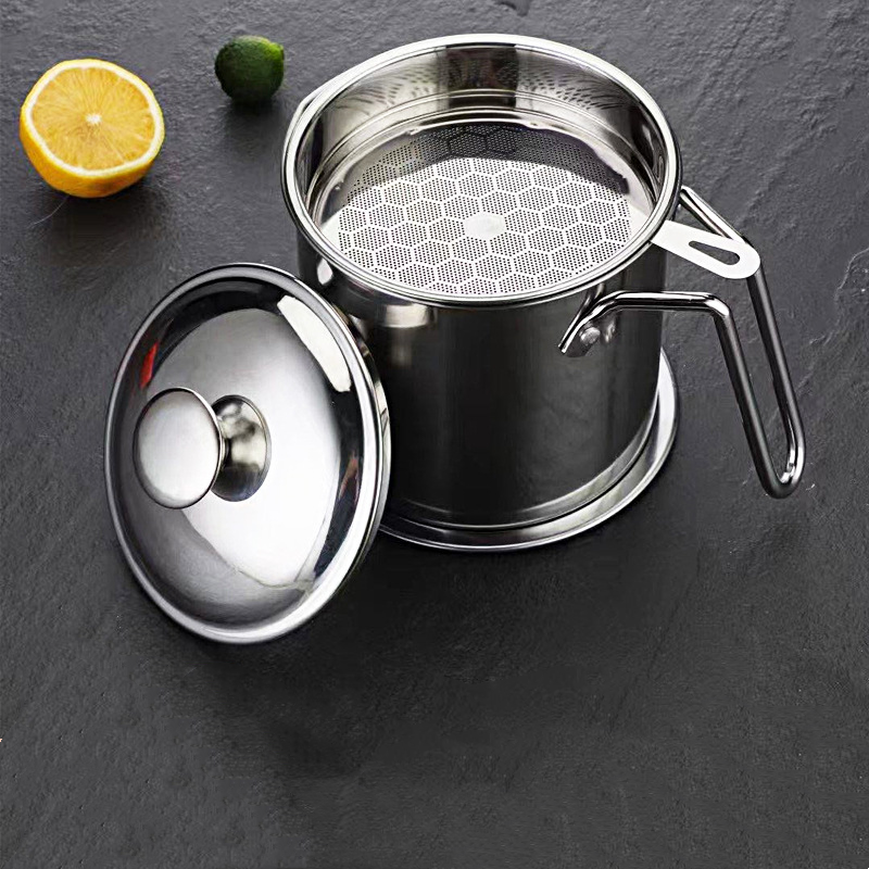 Popular Stainless Steel Oil Strainer Cup Fine Mesh Oil Strainers Large Oil Storage Pot  with Dust-Proof Lid & Easy Grip Holder