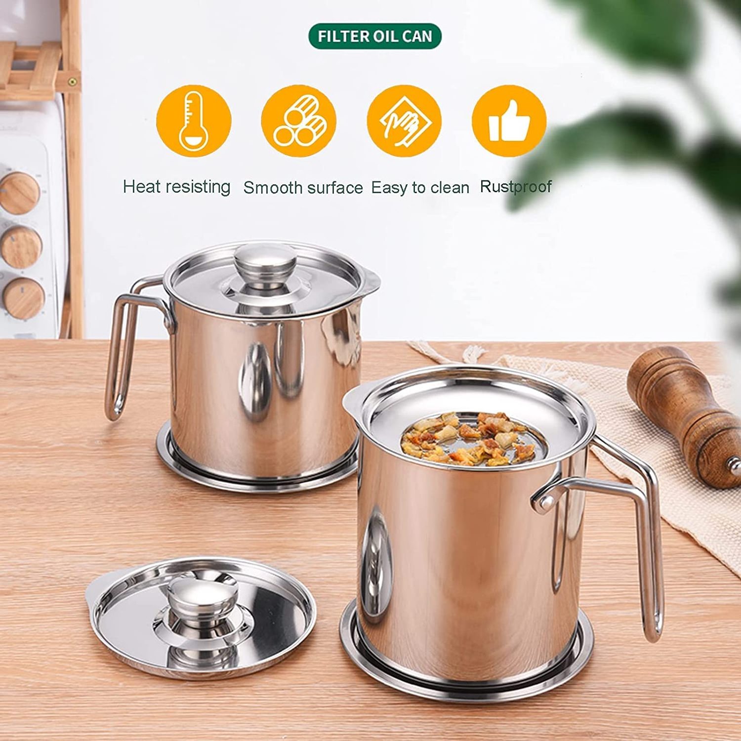 Popular Stainless Steel Oil Strainer Cup Fine Mesh Oil Strainers Large Oil Storage Pot  with Dust-Proof Lid & Easy Grip Holder