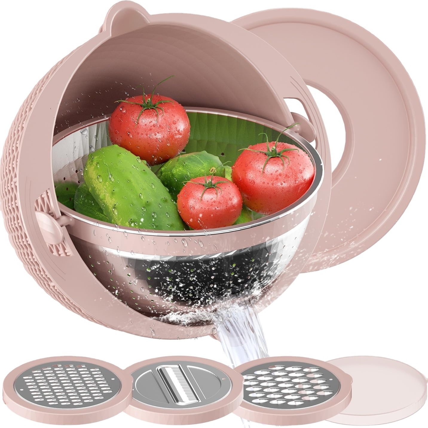 2023 Kitchen Accessories Rotatable Double-layer Vegetable Basket Collapsible Stainless Steel Colander with Plastic Mixing Bowl