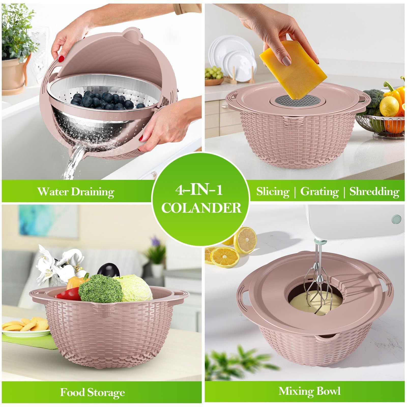 2023 Kitchen Accessories Rotatable Double-layer Vegetable Basket Collapsible Stainless Steel Colander with Plastic Mixing Bowl