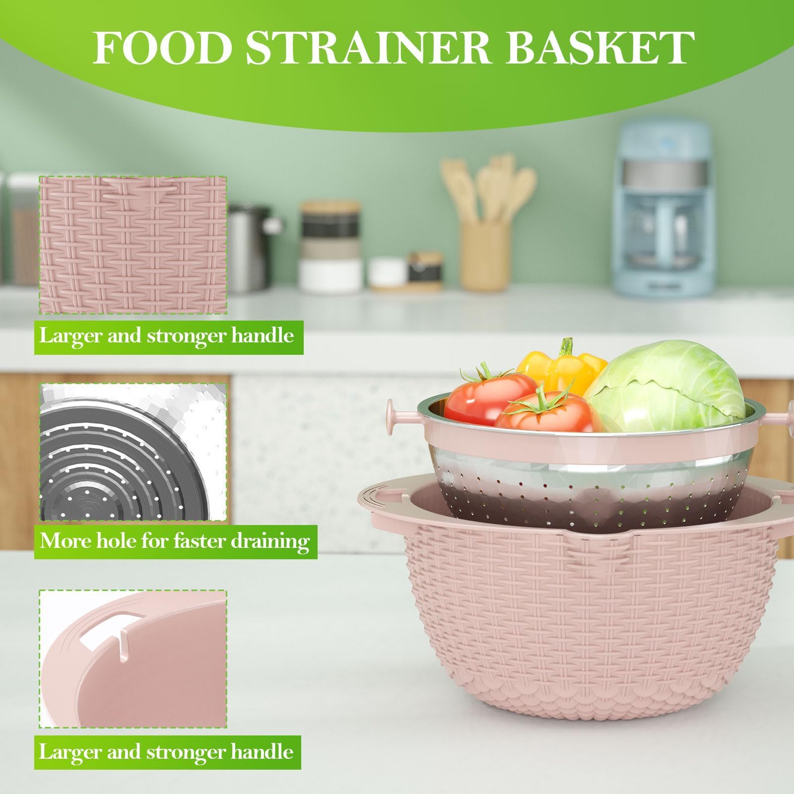 2023 Kitchen Accessories Rotatable Double-layer Vegetable Basket Collapsible Stainless Steel Colander with Plastic Mixing Bowl