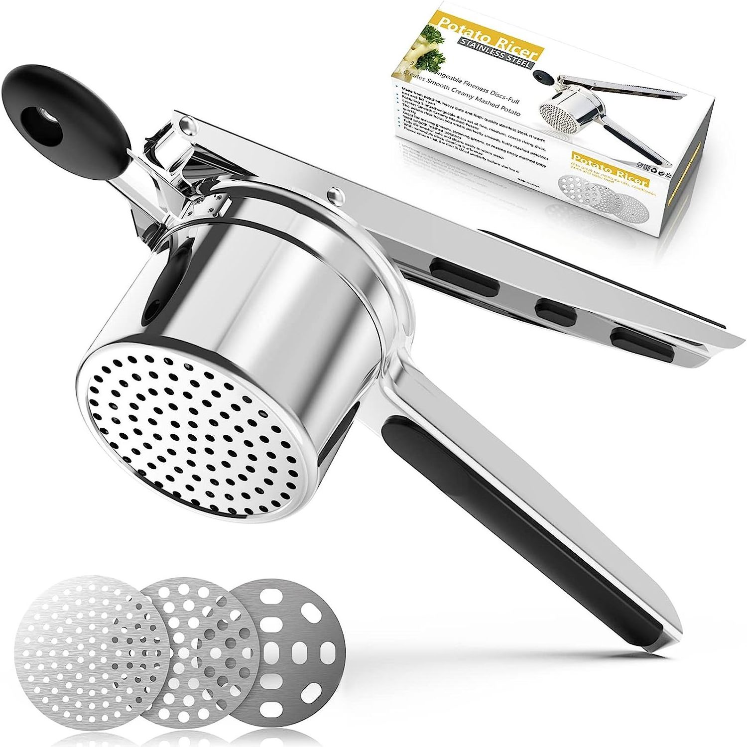 Kitchen Gadgets Manuel Stainless Steel Potato Masher Ricers with With 3 Interchangeable Discs Potatoes Masher