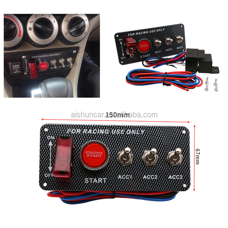 Dtouch 12V Ignition Switch Panel 5 in 1 Car Engine Start Push Button LED Toggle Racing Carbon Fiber Flip-up Switches