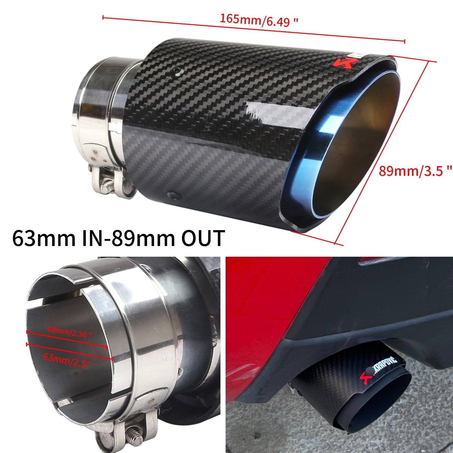 Car muffler Inlet 63mm outlet 89mm real carbon fiber muffler 2.5-inch diameter carbon fiber exhaust pipe tail muffler tip