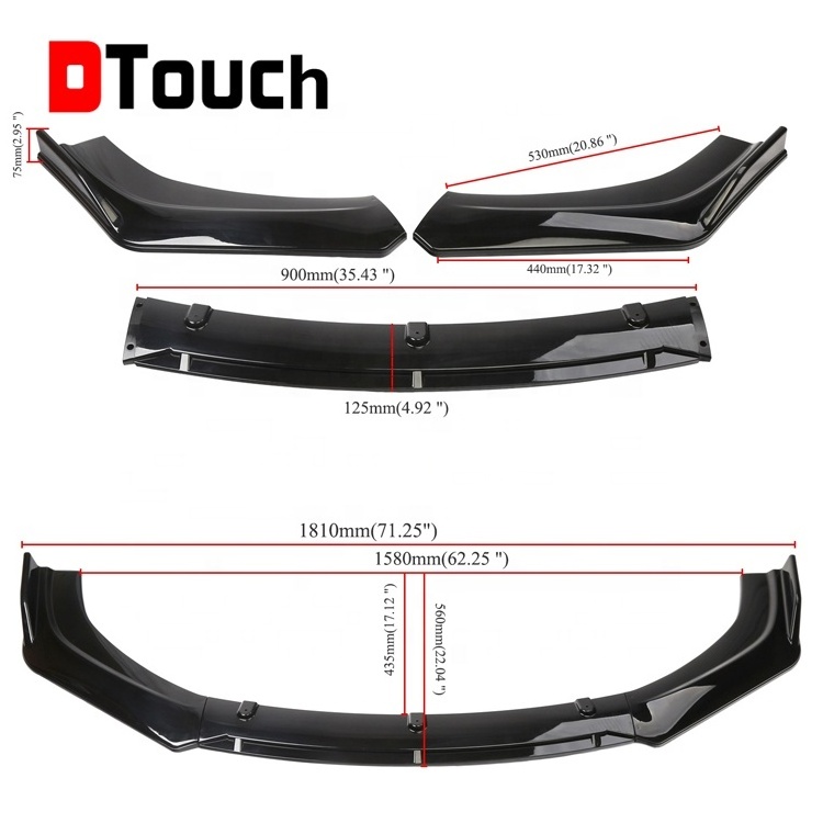 DTOUCH  3PCS Car Universal Front Bumper Lip Body Kit Gloss Black Universal Front Bumper Lip For Sedan Coupe Cars Exterior part