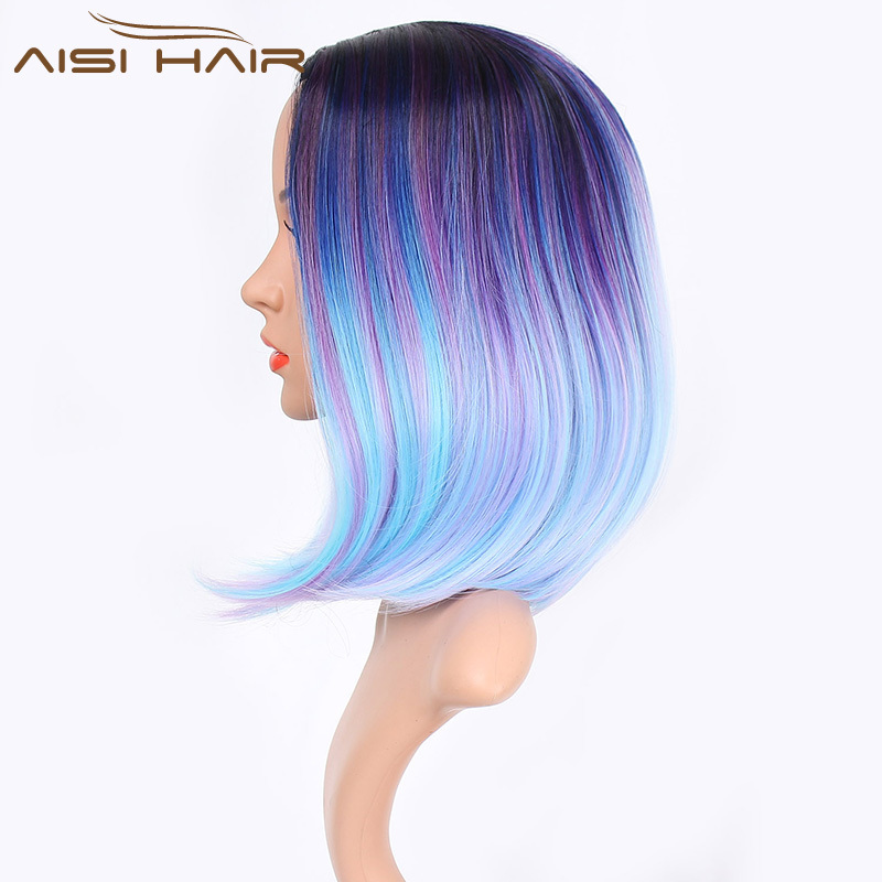 Aisi Hair Ombre Blue Mixed Purple Rainbow Hair Bob Wholesale Synthetic Wig Short Straight Cosplay Bob Wigs For Black Women