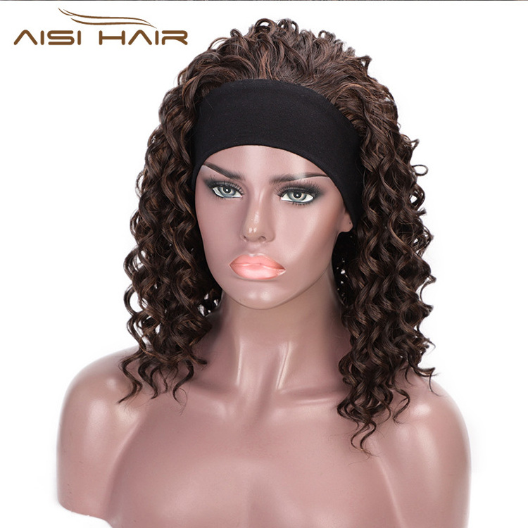 Aisi Hair 3/4 Half Wig Women's Short Full Curly Premium Synthetic Brown Hair Wig with Black Headband for Black Women