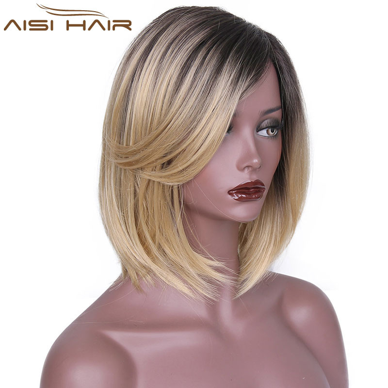 Aisi Hair Black Blonde Ombre Two Tone Color Bob Hair Wig Short Straight Bob Style Synthetic Hair Wigs For Black Women