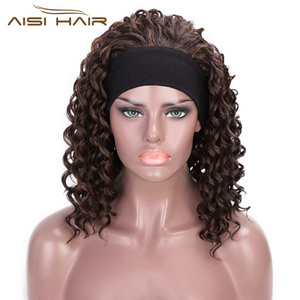 Aisi Hair 3/4 Half Wig Women's Short Full Curly Premium Synthetic Brown Hair Wig with Black Headband for Black Women