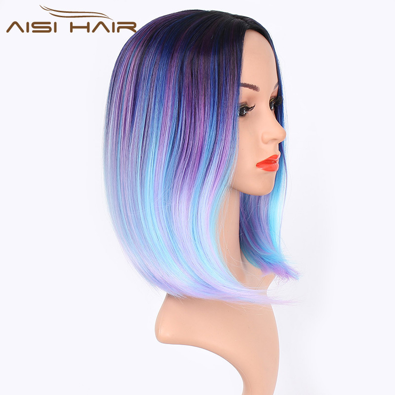 Aisi Hair Ombre Blue Mixed Purple Rainbow Hair Bob Wholesale Synthetic Wig Short Straight Cosplay Bob Wigs For Black Women