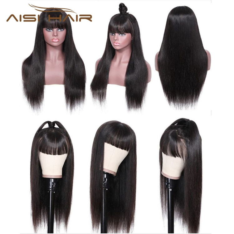 Brazilian None Lace Wigs With Bangs Straight Long Black Human Hair 100%  Glueless Cheap Private Label Human Hair