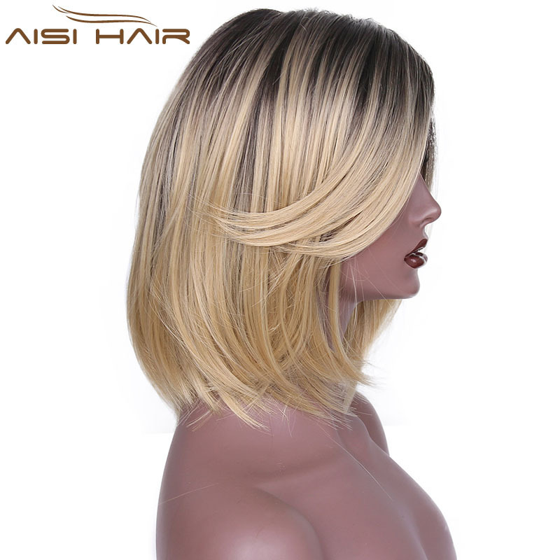 Aisi Hair Black Blonde Ombre Two Tone Color Bob Hair Wig Short Straight Bob Style Synthetic Hair Wigs For Black Women