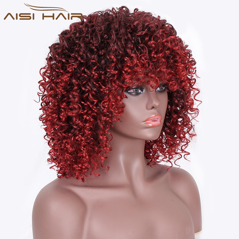 Aisi Hair Afro Cheap Synthetic Heat Resistant Wig Short Kinky Curly Glueless Black Mixed Red Color Wigs With Bangs