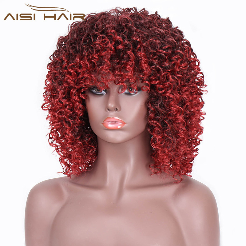 Aisi Hair Afro Cheap Synthetic Heat Resistant Wig Short Kinky Curly Glueless Black Mixed Red Color Wigs With Bangs